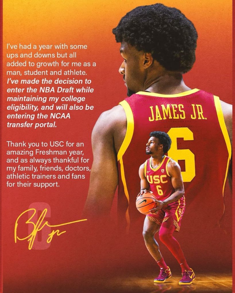 詹皇之子Bronny James宣佈參加2026年NBA選秀！「父子同隊」夢想更近一步！